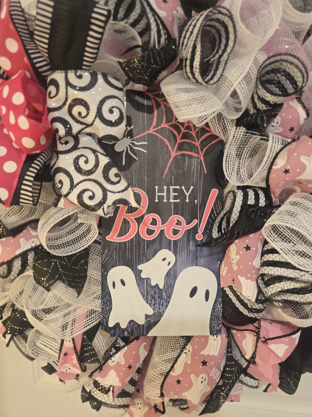 Hey Boo! Pink & Black Halloween Deco Mesh Wreath